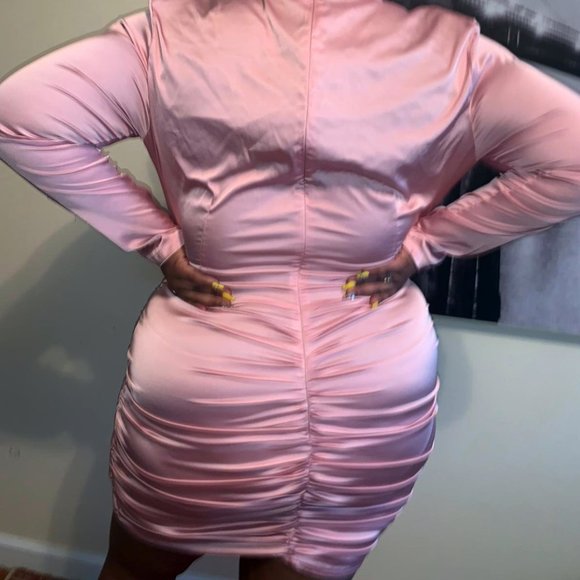 high neck ruched back satin mini dress